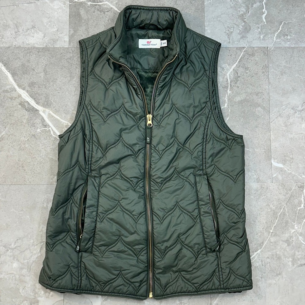 Vinyard Vines Quilted Puffer Vest Womens XXS Green Full Zip Geometric Old Money